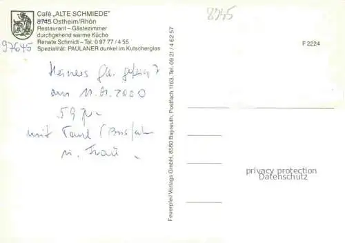 AK / Ansichtskarte Ostheim  Rhoen Café Alte Schmiede Gastraum Fremdenzimmer Kutscherglas Fachwerkhaus