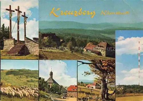AK / Ansichtskarte Bischofsheim Rhoen Franziskanerkloster Kreuzberg Wallfahrtsort am heiligen Berg der Rhoen Golgota-Kreuze Schafherde Sender