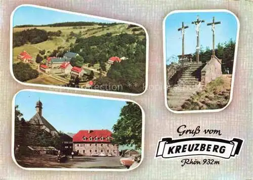 AK / Ansichtskarte Bischofsheim Rhoen Franziskanerkloster Kreuzberg Wallfahrtsort am heiligen Berg der Rhoen Golgota-Kreuze Luftaufnahme
