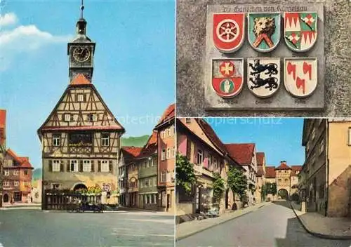AK / Ansichtskarte Kuenzelsau Rathaus Fachwerkbau 6 Wappen der frueheren Grundherren Ganerben Malerische Schnurgasse