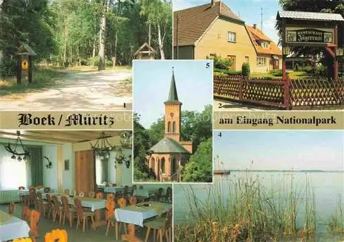 AK / Ansichtskarte Boek Mueritz Mirow Mecklenburg Restaurant Jaegerrast Nationalpark Restaurant Mueritz Ostufer Dorfkirche