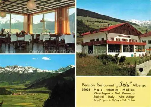 AK / Ansichtskarte Mals Vinschgau Malles BOLZANO-Bozen Suedtirol IT Gasthof Iris Gastraum Panorama Terrasse