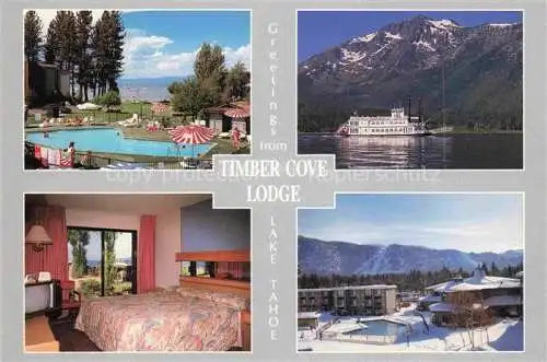 AK / Ansichtskarte Lake Tahoe California USA Timber Cove Lodge Pool Appartement Fahrgastschiff Panorama