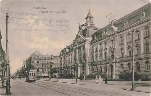 AK / Ansichtskarte KARLSRUHE Baden Postamt mit Kaiserstrasse Strassenbahn Pruefstempel