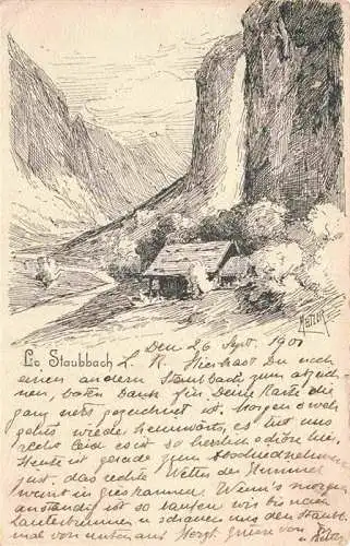 AK / Ansichtskarte Lauterbrunnen BE Staubbach Wasserfall Berner Alpen Zeichnung Kuenstlerkarte