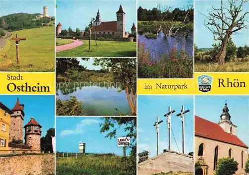 AK / Ansichtskarte Ostheim  Rhoen Panorama Kirchenburg Landschaft Wehrturm Landesgrenze Golgota-Kreuze