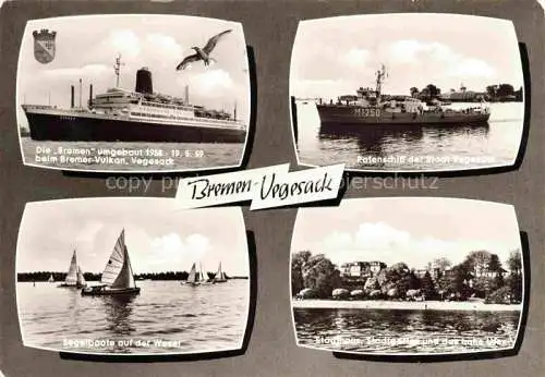 AK / Ansichtskarte Vegesack Die Bremen Patenschiff der Stadt Vegesack Segelboote auf der Weser Stadthaus Stadtgarten Hohes Ufer