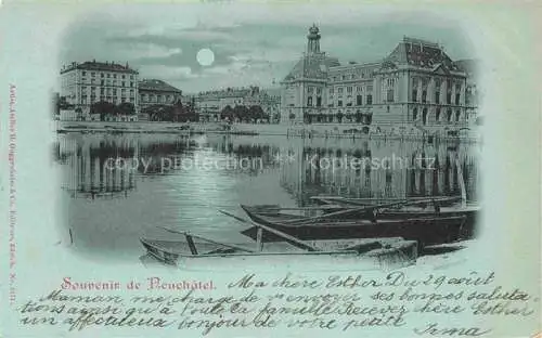 AK / Ansichtskarte Neuchatel NE Uferpartie am See Blick zur Stadt im Mondschein