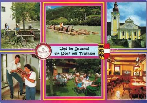 AK / Ansichtskarte Lind Drautal Kleblach-Lind Kaernten AT Floesser auf der Drau Dorfkirche Drautaler Spezialitaeten Restaurant Gastgarten Kapellenstueberl