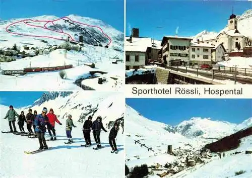 AK / Ansichtskarte Hospental Hospenthal UR Sporthotel Roessli Skipisten Skikurs Kirche Panorama