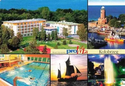 AK / Ansichtskarte KOLOBRZEG Kolberg Ostseebad PL Pro Vita Hotel Zdrojowy Hallenbad Leuchtfontaene Segelschiff Leuchtturm
