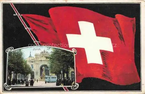 AK / Ansichtskarte ZueRICH  ZH Gebaeude Stadtzentrum Denkmal Strassenbahn Schweizer Flagge