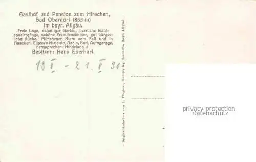 AK / Ansichtskarte Bad Oberdorf Bad Hindelang Bayern Gasthof Pension zum Hirschen Allgaeuer Alpen