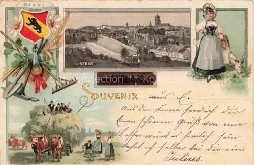 AK / Ansichtskarte BERN BE Stadtpanorama Trachten Wappen Feldarbeit Suchard Werbung