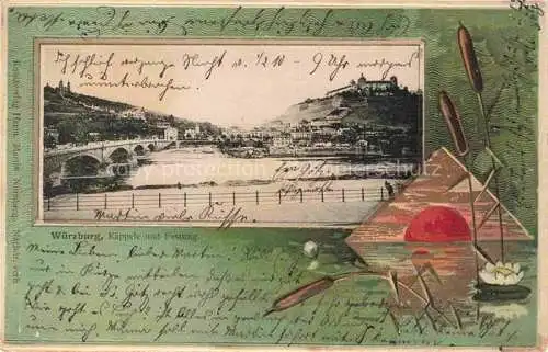 AK / Ansichtskarte WueRZBURG Bayern Kaeppele und Festung Bilderrahmen Sonnenuntergang Rohrkolben