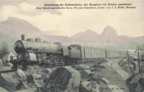 AK / Ansichtskarte Goldau Arth SZ Espresszug der Gotthardbahn den Bergsturz von Goldau passierend Dampflokomotive Kuenstlerkarte
