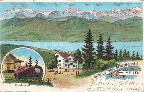 AK / Ansichtskarte Meilen ZH Panorama Blick vom Pfannenstil Zuerichsee Alpen Oken-Denkmal Kuenstlerkarte