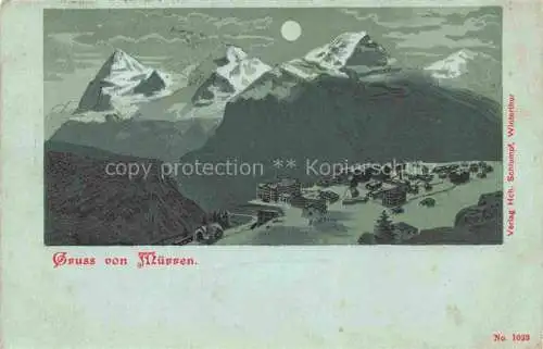 AK / Ansichtskarte Muerren BE Panorama Bergdorf Alpen im Mondschein Kuenstlerkarte