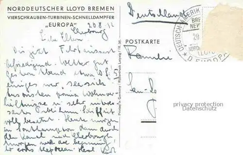 AK / Ansichtskarte Dampfer Oceanliner Norddeutsche Lloyd Bremen Europa 