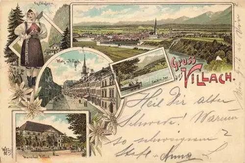AK / Ansichtskarte VILLACH Kaernten AT Panorama Faaker See Gaisthaelerin Trachten Platz Warmbad Litho