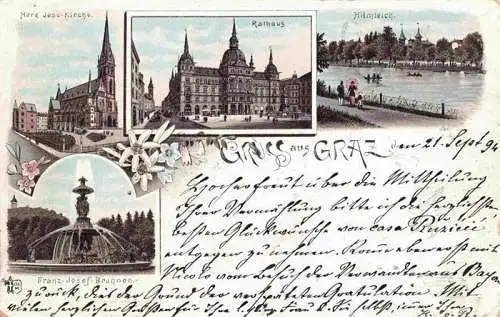 AK / Ansichtskarte GRAZ  Steiermark AT Herz-Jesu-Kirche Rathaus Franz-Josef-Brunnen Hilmteich Litho