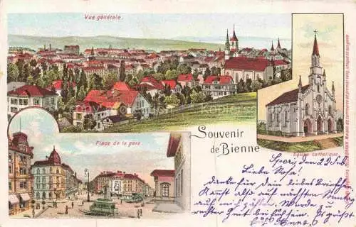 AK / Ansichtskarte Bienne BIEL-BIENNE Vue générale Place de la Gare Eglise Catholique Litho