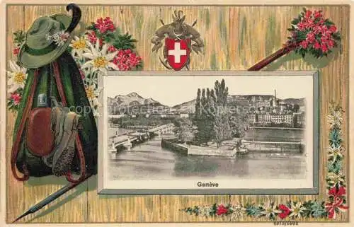 AK / Ansichtskarte GENEVE Genf GE Blick ueber die Rhone Rucksack Wanderstiefel Blumen Wappen Bilderrahmen