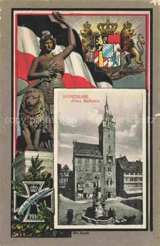 AK / Ansichtskarte WueRZBURG Bayern Altes Rathaus Wappen Krone Statue Loewe Denkmal Fahne Feldpost