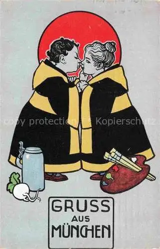 AK / Ansichtskarte Muenchen Liebespaar Bierkrug Malerpalette Kuenstlerkarte
