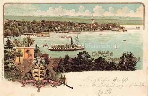 AK / Ansichtskarte FRIEDRICHSHAFEN Bodensee Panorama Wappen Krone Litho