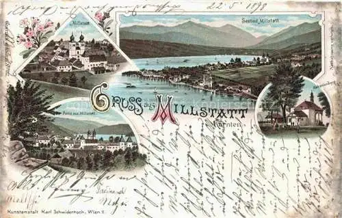 AK / Ansichtskarte Millstatt Millstaettersee Kaernten AT Panorama Seebad Ansicht mit Kirche Litho