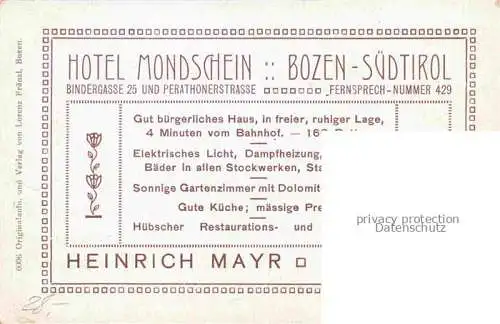 AK / Ansichtskarte Bozen  BOLZANO Suedtirol IT Hotel Mondschein Kuenstlerkarte