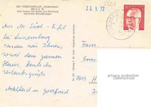 AK / Ansichtskarte Ferschweiler Eifelkreis Bitburg-Pruem Rheinland-Pfalz Panorama Schweigestelle Frauenkreuz Kiesgraeber Felsenweiher