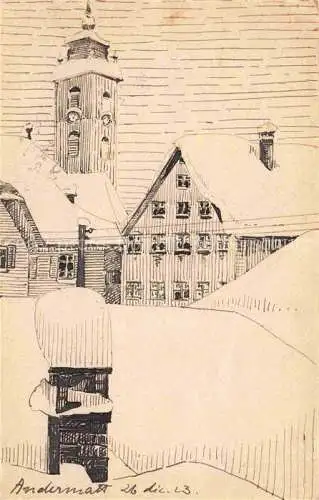 AK / Ansichtskarte Andermatt UR Ansicht mit Kirche Zeichnung Kuenstlerkarte handgemalt