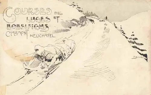 AK / Ansichtskarte Chaumont 1168m NE Courses de Luges et Bobsleighs Dessin Kuenstlerkarte
