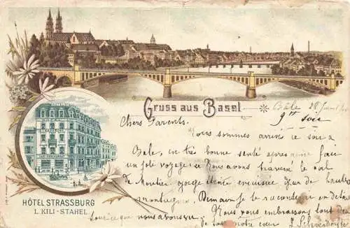 AK / Ansichtskarte BASEL BS Stadtpanorama Bruecke Hotel Strassburg Kuenstlerkarte