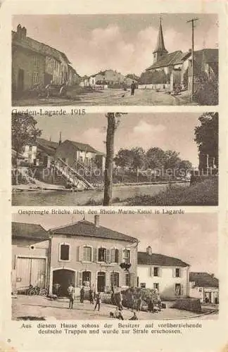 AK / Ansichtskarte Lagarde Gerden Chateau-Salins 57 Moselle Lothringen Strassenpartie Gesprengte Bruecke Rhein-Marne-Kanal