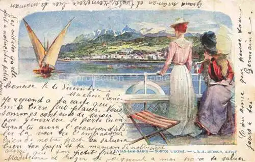 AK / Ansichtskarte Evian-les-Bains 74 Haute-Savoie Source Cachat auf Bootsfahrt Segelboot Kuenstlerkarte