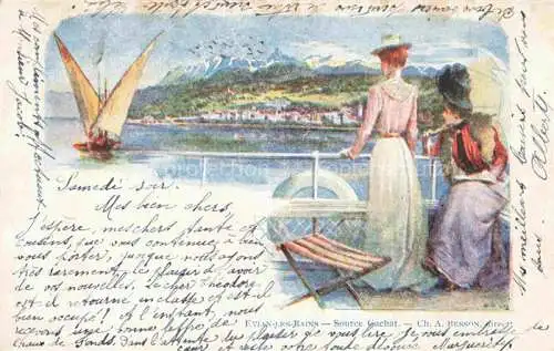 AK / Ansichtskarte Evian-les-Bains 74 Haute-Savoie Source Cachat auf Bootsfahrt Segelboot Kuenstlerkarte