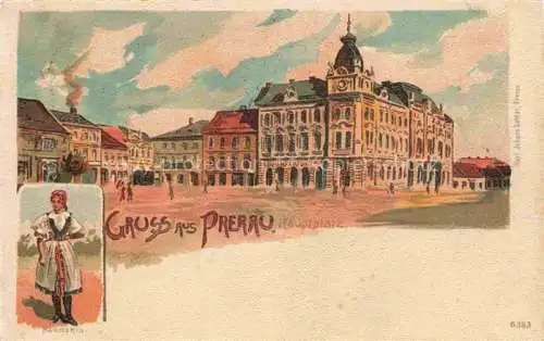 AK / Ansichtskarte Prerau Olmuetz Prerov Olomouc CZ Hauptplatz Trachten Kuenstlerkarte