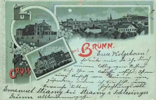 AK / Ansichtskarte Bruenn  BRNO CZ Stadtpanorama im Mondschein Stadttheater Deutsches Haus Litho