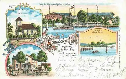 AK / Ansichtskarte Schmoeckwitz BERLIN Lokal der Allgemeinen Radfahrer-Union Kirche Insel Kersten Deutsche Reichspost Litho