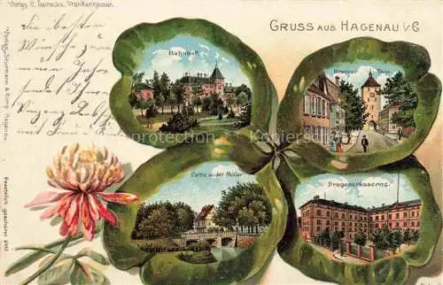 AK / Ansichtskarte Hagenau Elsass Haguenau Alsace 67 Bas-Rhin Kleeblatt Bahnhof Partie an der Moder Bitscher Tor Dragonerkaserne Kuenstlerkarte