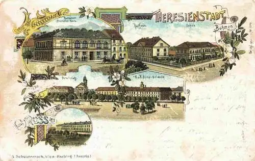 AK / Ansichtskarte Theresienstadt Boehmen Terezin CZ Restaurant Deutsches Haus Rathaus Schule Paradeplatz Zeughaus K.K.Genie-Gebaeude Litho 