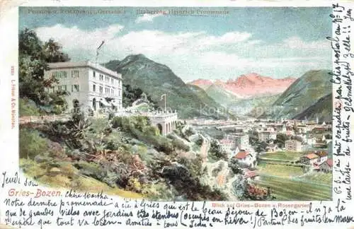 AK / Ansichtskarte Gries  Bozen BOLZANO Suedtirol IT Panorama Pension Restaurant Germania Erzherzog Heinrich Promenade Blick auf Rosengarten Dolomiten Kuenstlergarten
