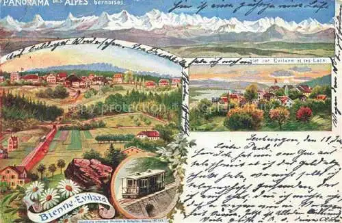 AK / Ansichtskarte Evilard-sur-Bienne Evilard-Leubringen Biel BE Panorama vue sur le village les lacs et les Alpes Kuenstlerkarte
