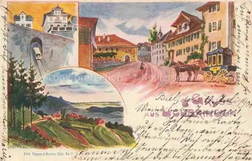 AK / Ansichtskarte Leubringen Biel Bienne BE Dorfpartie mit Postkutsche Landschaft Kuenstlerkarte