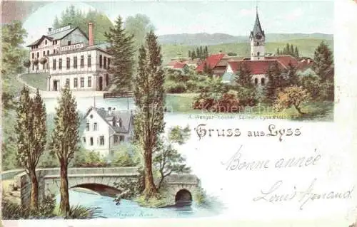 AK / Ansichtskarte Lyss Aarberg BE Hotel Restaurant Blick zur Kirche Bruecke Kuenstlerkarte