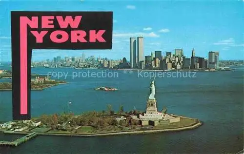 AK / Ansichtskarte NEW YORK City USA Fliegeraufnahme mit Freiheitsstatue und Twin Towers