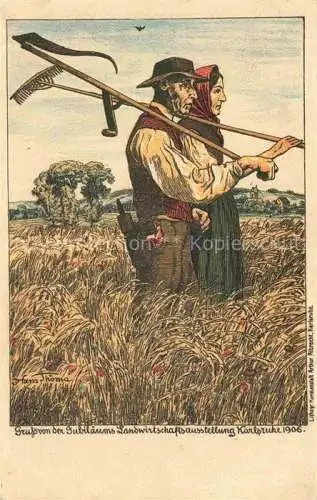 AK / Ansichtskarte KARLSRUHE Baden Jubilaeums-Landwirtschaftsausstellung Bauern bei der Feldarbeit Hans Thoma Kuenstlerkarte